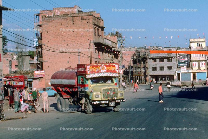 Jitney, Street, Truck, Flags, Buildings, Pokhara