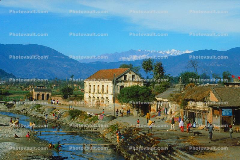 River, Stream, Steps, Buildings, Kathmandu