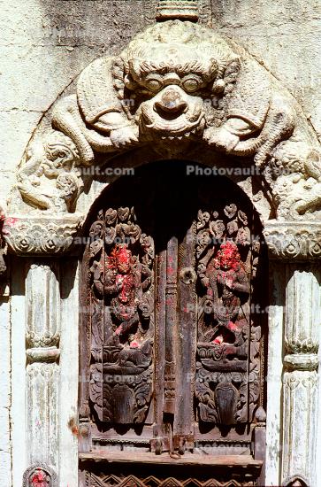 Small Shrine, bas-relief, statues, Hanuman, Kathmandu, Door, Monkey, bar-Relief, statue, Deity