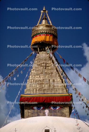 Buddha's Eyes, Stupa Boudhanath, Dome, Flags, Kathmandu, Sacred Place, Buddhist Shrine, temple, building