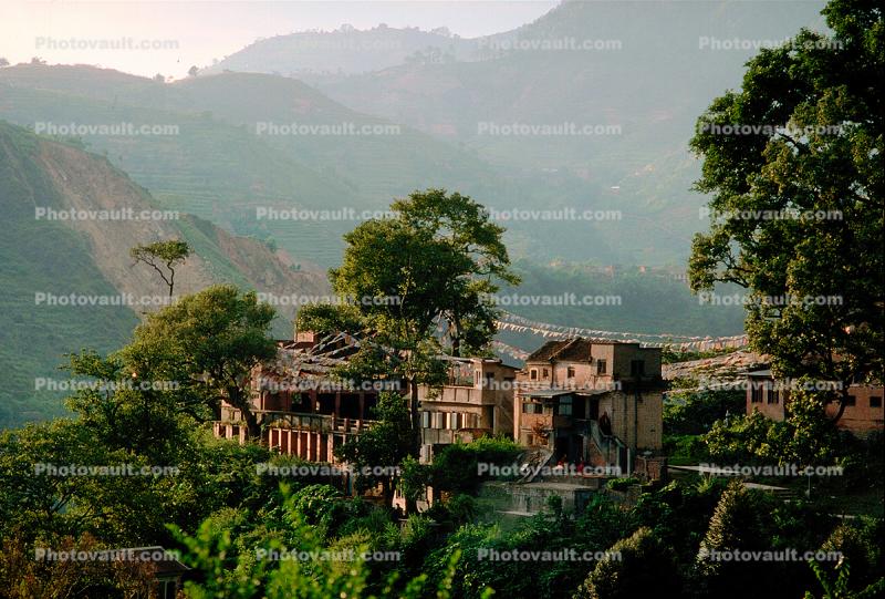 Buildings, Mountains, trees, homes, houses, cliff, Kathmandu
