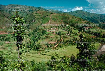 Valley, village, road, hills, mountains, Araniko Highway