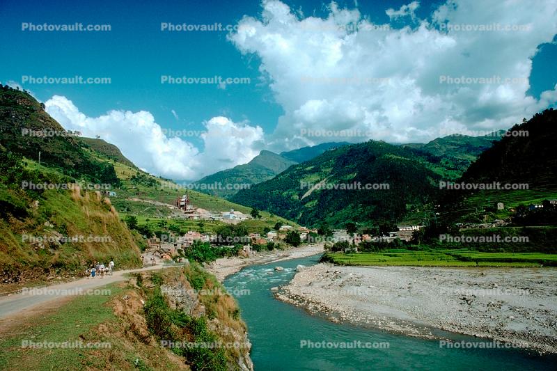 Village, River, Mountains, clouds, Araniko Highway