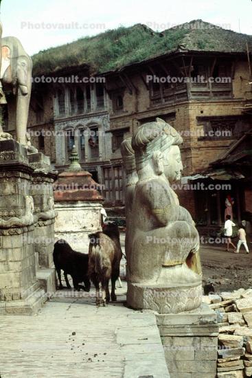 Statue, Brahma Bull, Buildings, Kathmandu