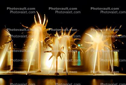 Metal Flowers, Water Fountain, aquatics, nighttime, landmark, Saudi Arabia