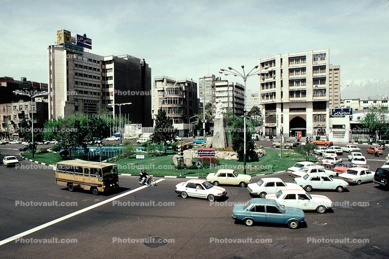 roundabout, bus, cars, buildings, automobile, vehicles