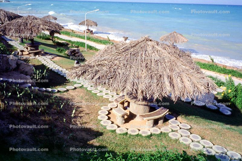 beach, bench, table, grass parasols, resort, Kish Island, Hormozgan Province, Persian Gulf