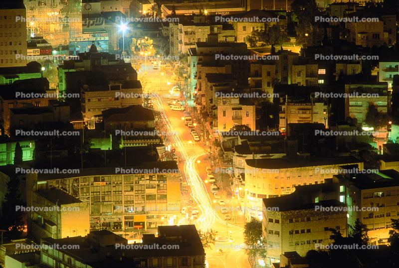 streets, buildings, night, Exterior, Outdoors, Outside, Nighttime, Haifa