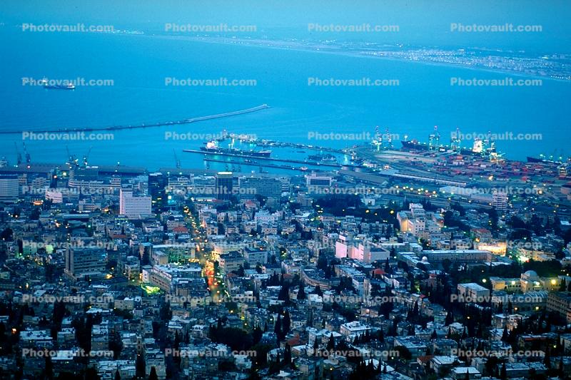 Port, Harbor, city, buildings, breakwater, Mediterranean Sea, Haifa, Dusk, Dawn, Twilight