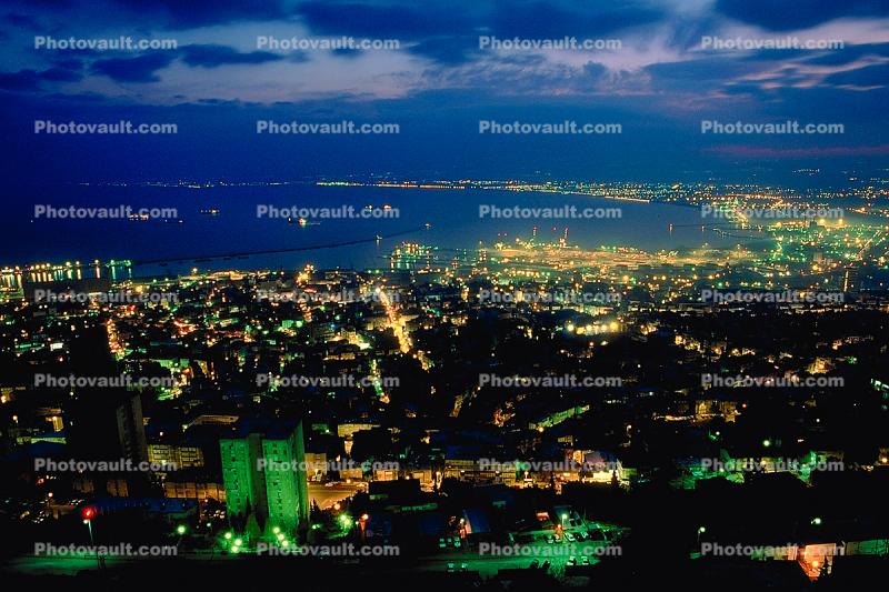 Harbor, port, skyline, buildings, cityscape, Mediterranean Sea, Haifa, Dusk, Dawn, Twilight
