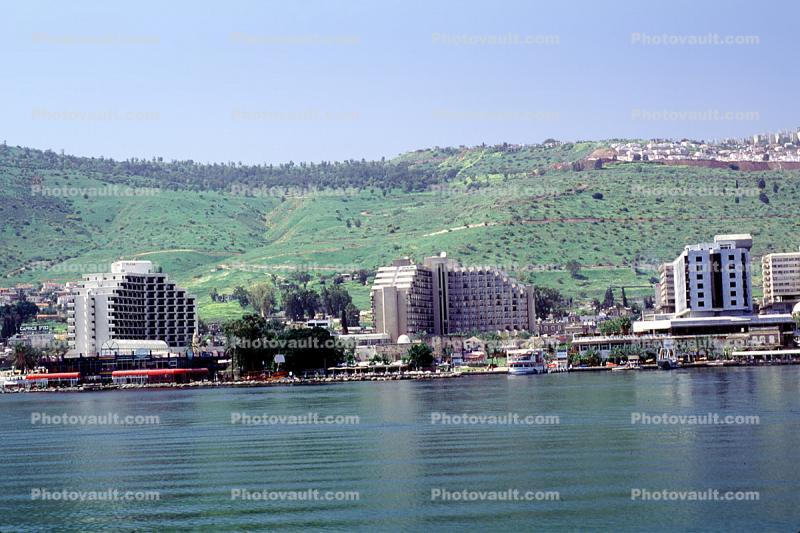 Tiberias, shoreline, hills, building, Sea of Galilee 
