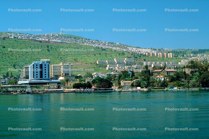 buildings, shore, shoreline, hill, skyline, harbor, docks, Tiberias, Sea of Galilee