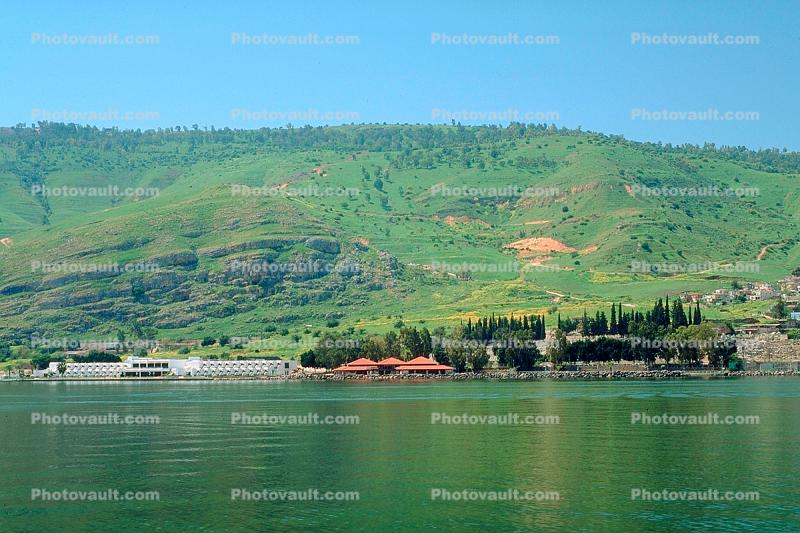 building, shore, shoreline, hill, Tiberias, Sea of Galilee
