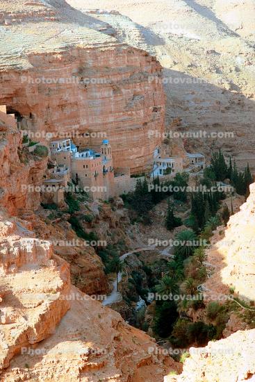 Saint George's Monastery, Wadi Qelt, sixth-century cliff-hanging complex, cliff hanging architecture, Greek Orthodox church, valley, west of Jericho