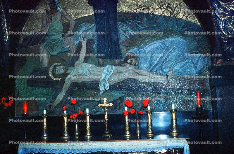 Jesus Christ, Altar, candles, tilework, Church of Nativity, Bethlehem