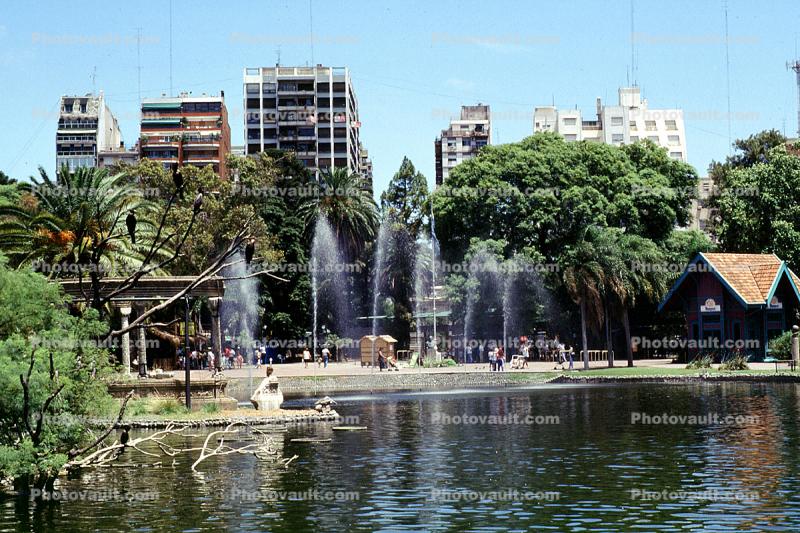 Trees, Water Fountain, aquatics, Lake, Park, Buenos Aires