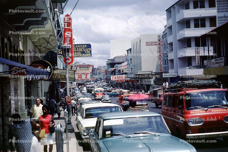 building, sidewalk, shops, stores, Cars, automobile, vehicles, Downtown Panama City, 1960s