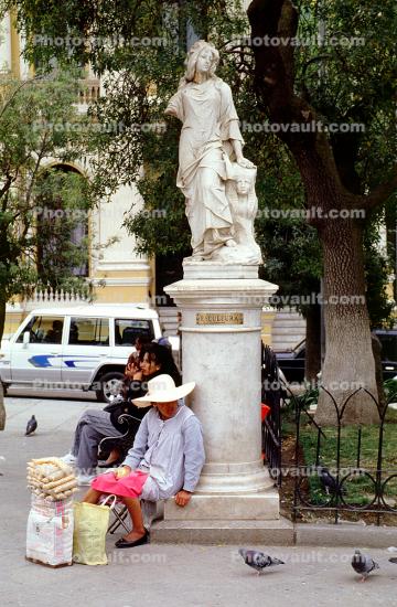Statue, Pigeons, Woman Sitting