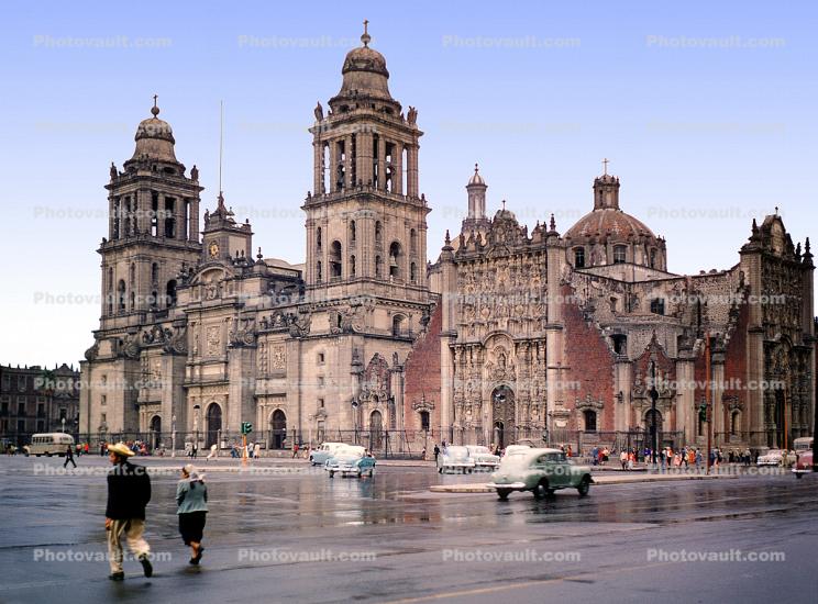 Metropolitan Cathedral, Zocalo, Church, Basilica, Building, landmark, cars, automobiles, vehicles, 1950s