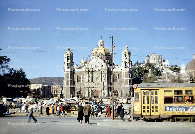 Church, Cathedral, Trolley, people, Mexico City, 1950s