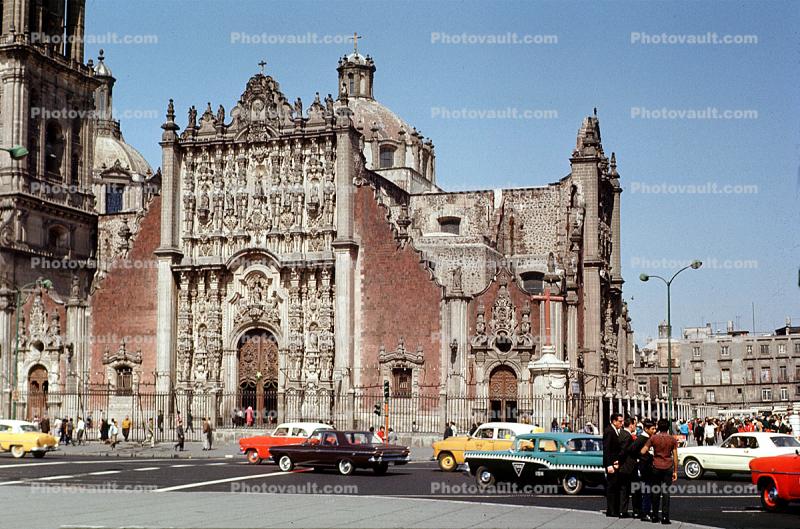 Zocalo Old Cathedral, Cars, automobile, vehicles, building, 1966, 1960s