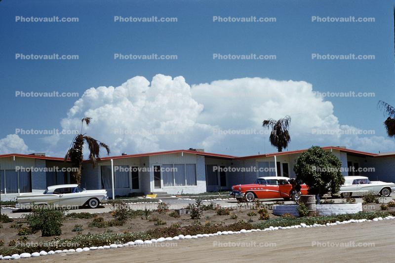 Cars, Motel buildings, Ensenada, 1950s