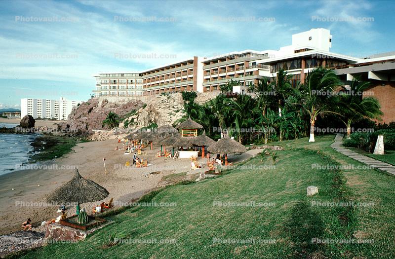 Hotel, ocean, huts, Mazatlan, Sinaloa, October 1976, 1970s