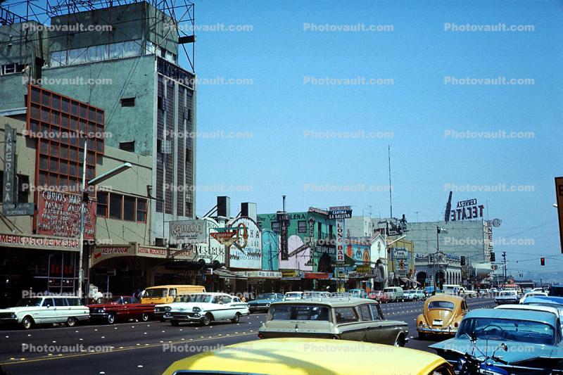 Cars, Automobiles, Vehicles, buildings, boulevard, Ciudad de Jaurez, July 1970, 1970s