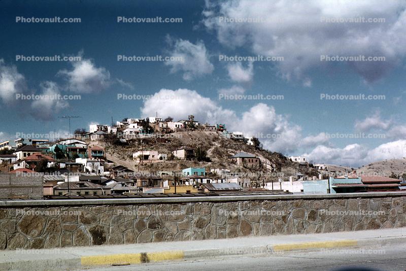 Buildings on a hill, houses, homes, 1950s