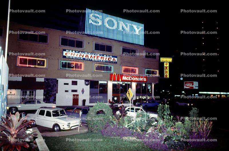 Chinamerica, Sony Building, McDonalds Restaurant, cars, night, nighttime