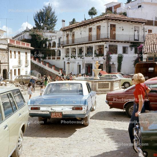Cars, Village Square, buildings, 1960s