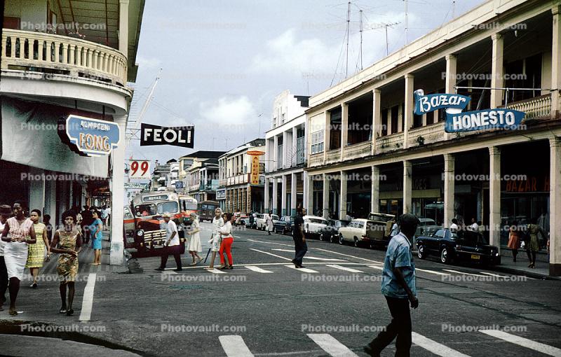 Feoli, downtown, crosswalk, buildings, Buenaventura, city, shops, stores, balcony, 1950s