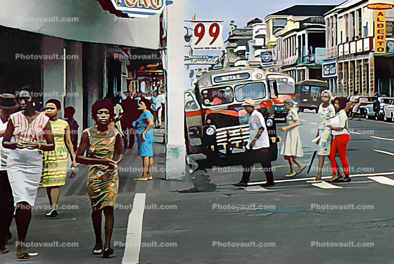 downtown, crosswalk, buildings, Buenaventura, Paintography, 1950s