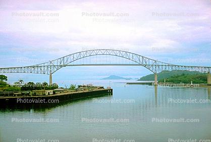 Bridge of the Americas, Steel through arch bridge, docks, shore, Puente de las AmŽricas, Pan-American Highway, Balboa Panama, 1950s