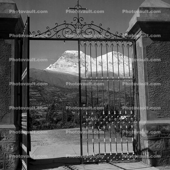 Wrought Iron Gate, Cross, Beneficencia, Snow Mountain Peaks,, Andes