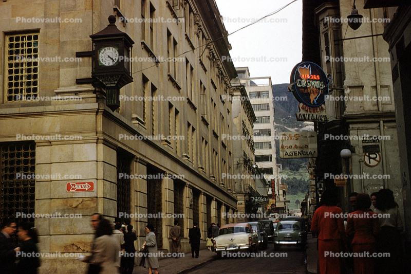 Buildings, cars, automobile, vehicles, Alley, Caracas, Venezuela, alleyway, Clock, 1950s