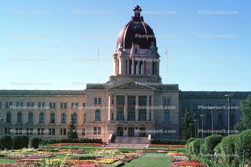blossoming flower gardens, Legislative Building, City of Regina, landmark building, dome, Saskatchewan