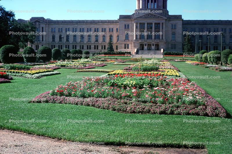 blossoming flower gardens, Legislative Building, City of Regina, landmark building, dome, Saskatchewan