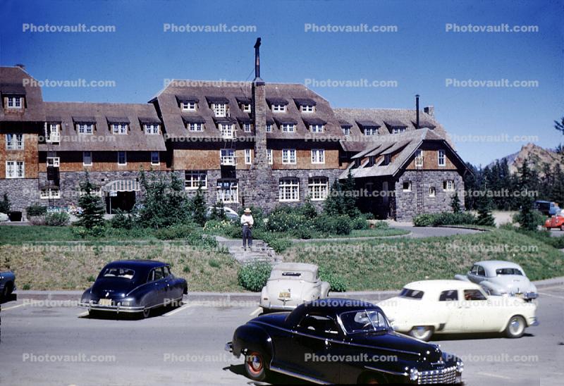 Cars, Parking Lot, Building, Hotel, automobiles, vehicles, Banff, 1940s