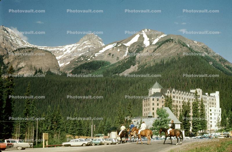 Chateau Lake Louise Hotel, Building, Mountains, Banff, cars, automobiles, vehicles, 1950s
