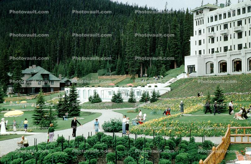 Chateau Lake Louise Hotel, Building, Lawn, Garden, Paths, Banff, Forest, 1950s