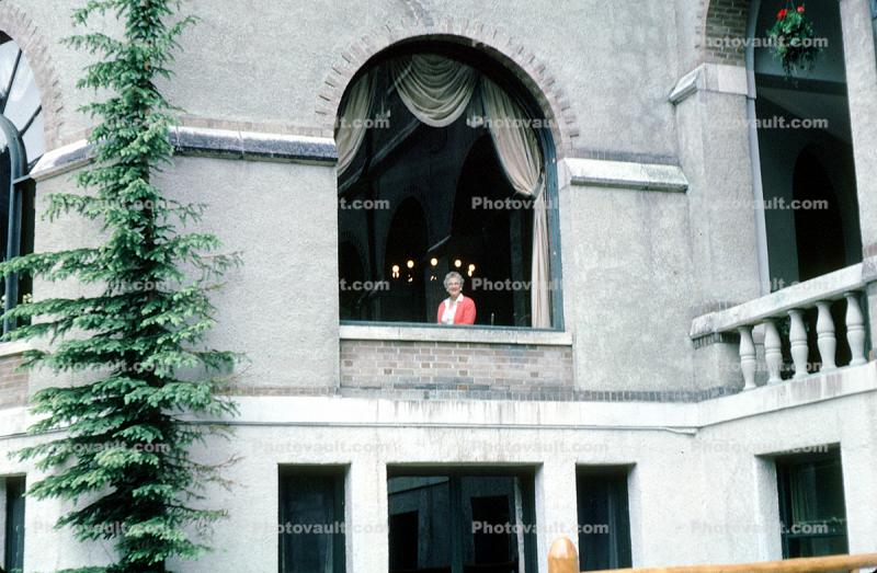 Woman, Window, Curtains, Chateau Lake Louise Hotel, Building, Banff, 1950s
