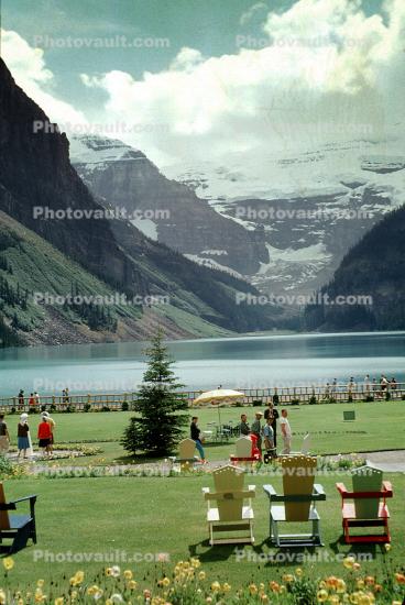 Lake Louise, Mountains, Forest, Lawn, Chairs, Flowers, Banff