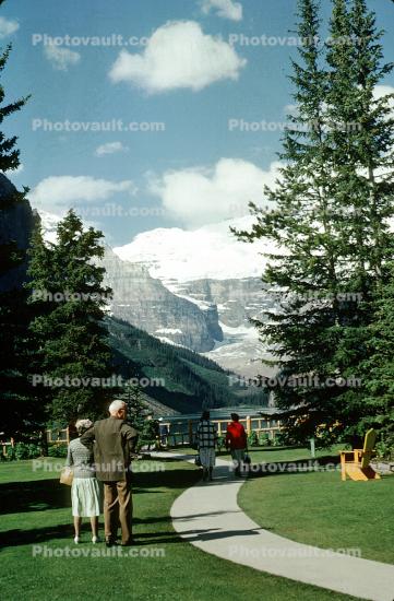 Lake, Mountains, Forest, Lawn, Path, Flowers, Banff, 1950s