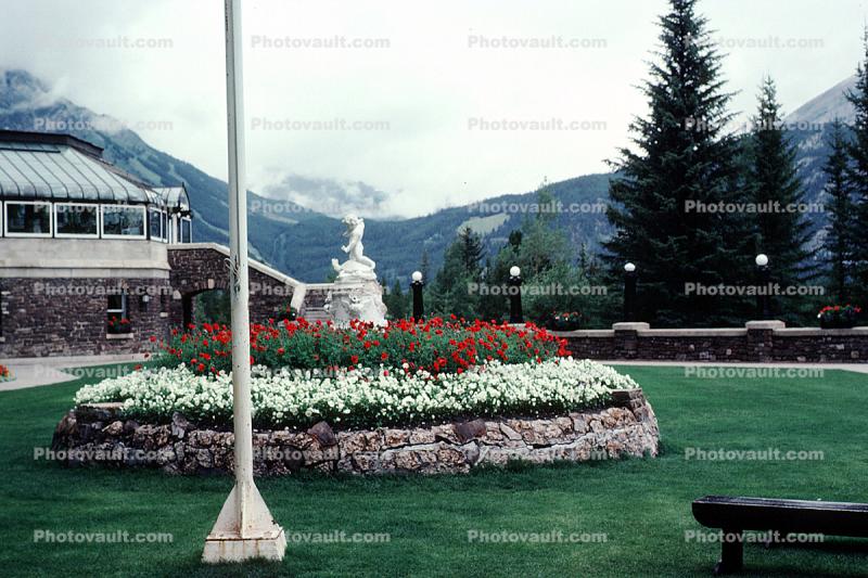 Banff, garden, building, mound of blooming flowers