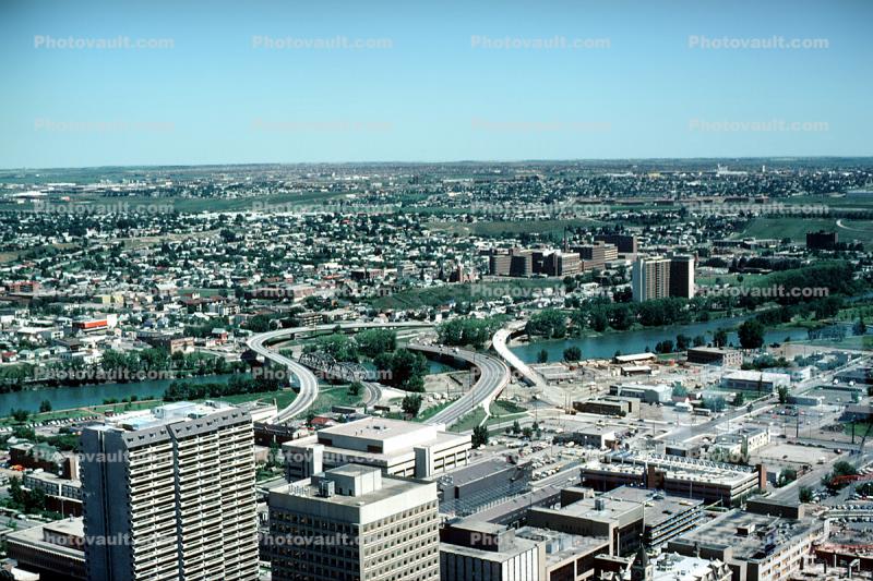 River, roads, bridge, buildings, suburbia, Calgary