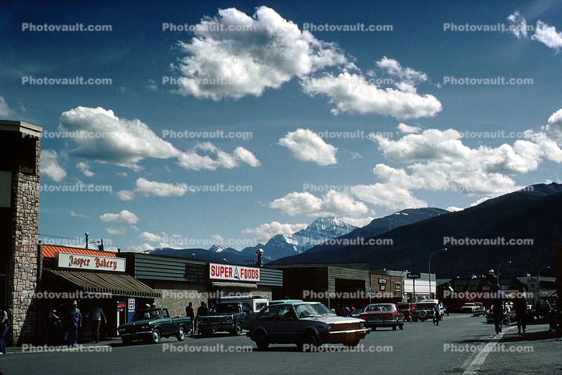 Cars, shops, buildings, Banff, automobiles, vehicles, 1970s