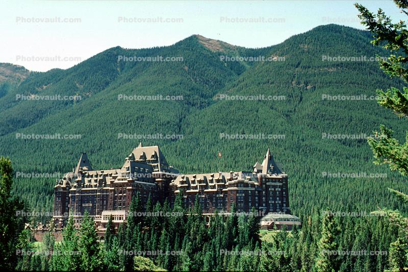 Banff Springs Hotel, building, forest, mountain, woodlands, landmark