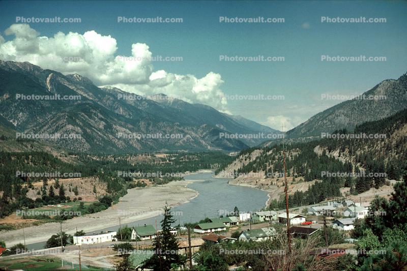 River, buildings, valley, mountains