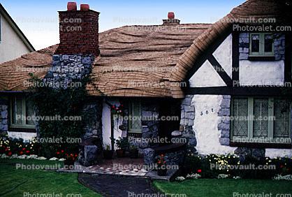 Tudor House, ornate roof tiles, chimney, Vancouver